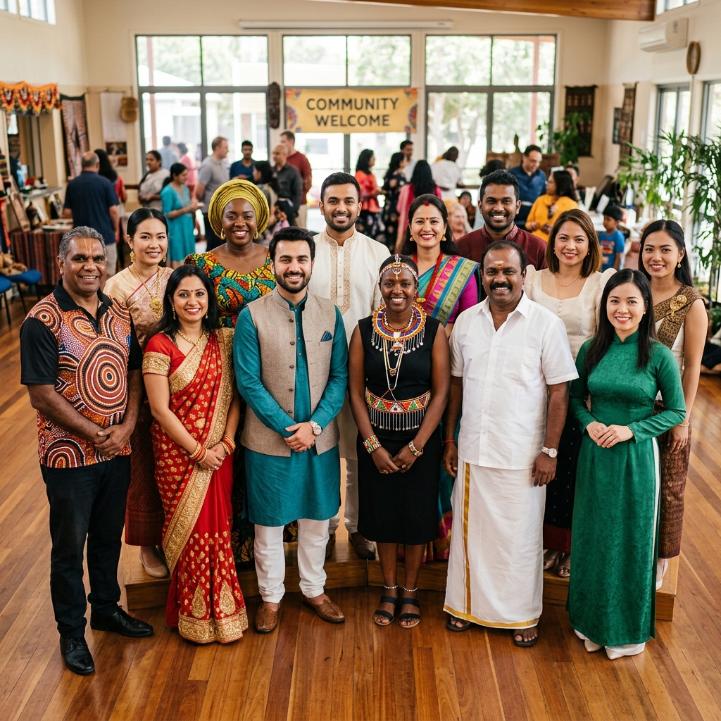Diverse group of immigrants and volunteers smiling together